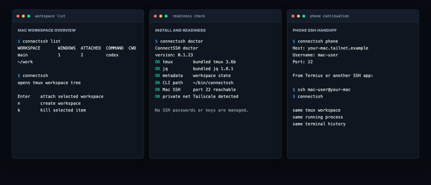 ConnectSSH terminal use cases showing workspace list and doctor checks